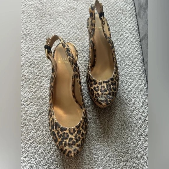 Stuart Weitzman Leopard Print Raffia & Cork Espadrille Wedges EUC - Picture 3 of 4
